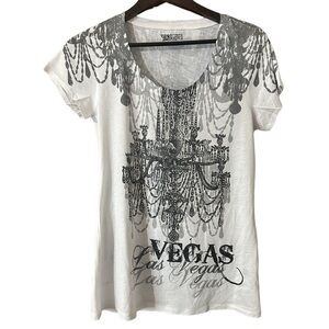 Love Amour White Grey Las Vegas Gothic Bedazzled Graphic Short Sleeve Tee Sz S